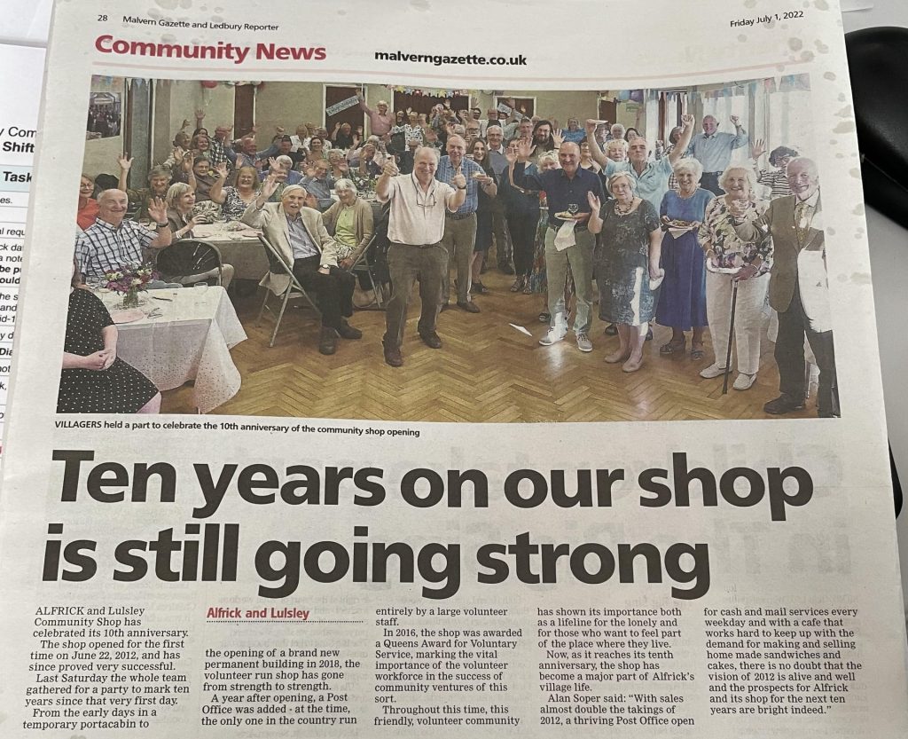 "Ten years on our shop is still going strong" headline in the Malvern Gazette newspaper